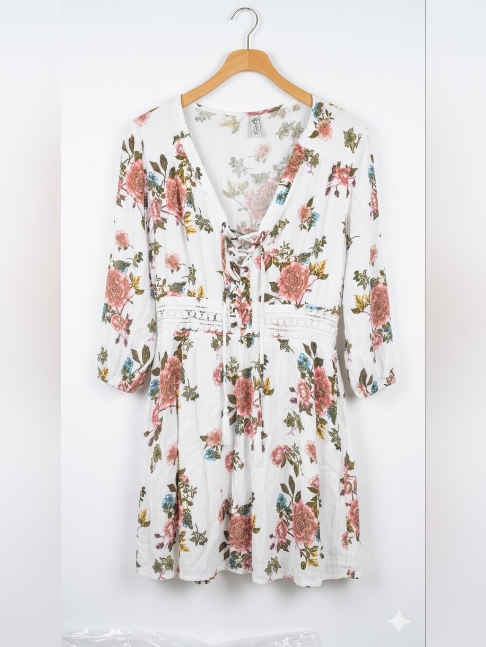 American Rag, White Mini Dress with Pink Floral Print, Large - Picture 3 of 5